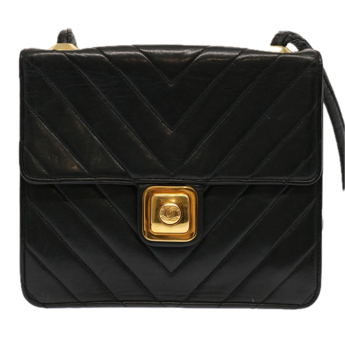 CHANEL V Stitch Shoulder Bag Lamb Skin Black CC Auth yk11681