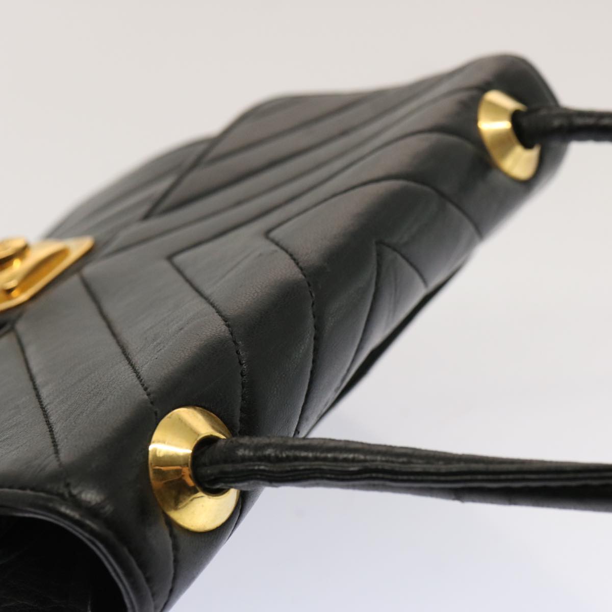 CHANEL V Stitch Shoulder Bag Lamb Skin Black CC Auth yk11681