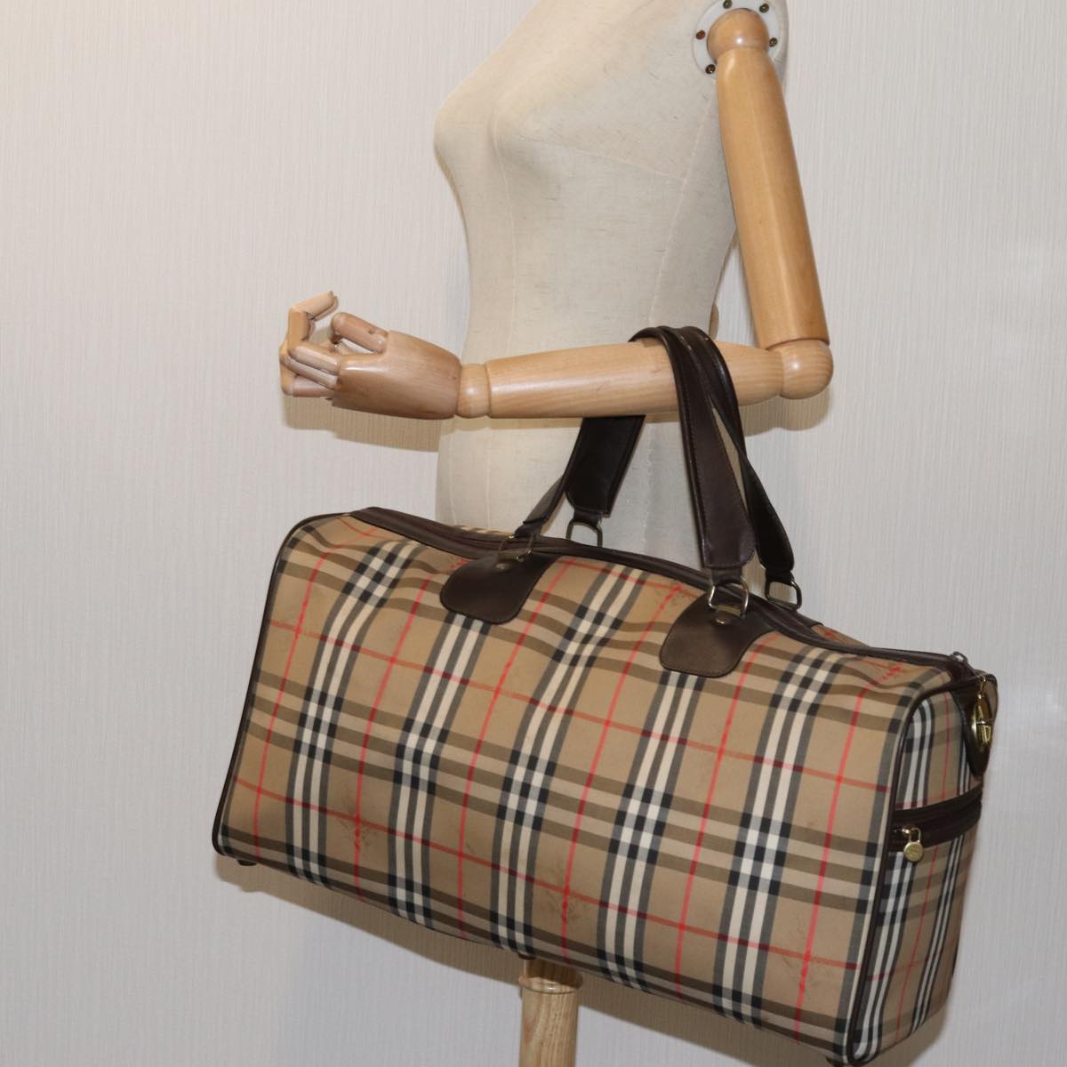 BURBERRYSs Nova Check Boston Bag Canvas Beige Auth yk11757