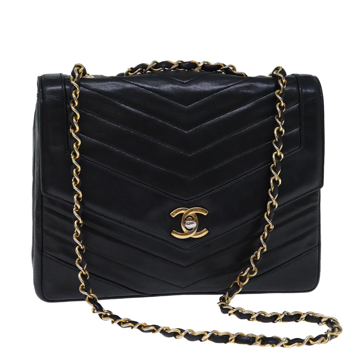 CHANEL Turn Lock Chain V Stitch Hand Bag Lamb Skin Black CC Auth yk11929A