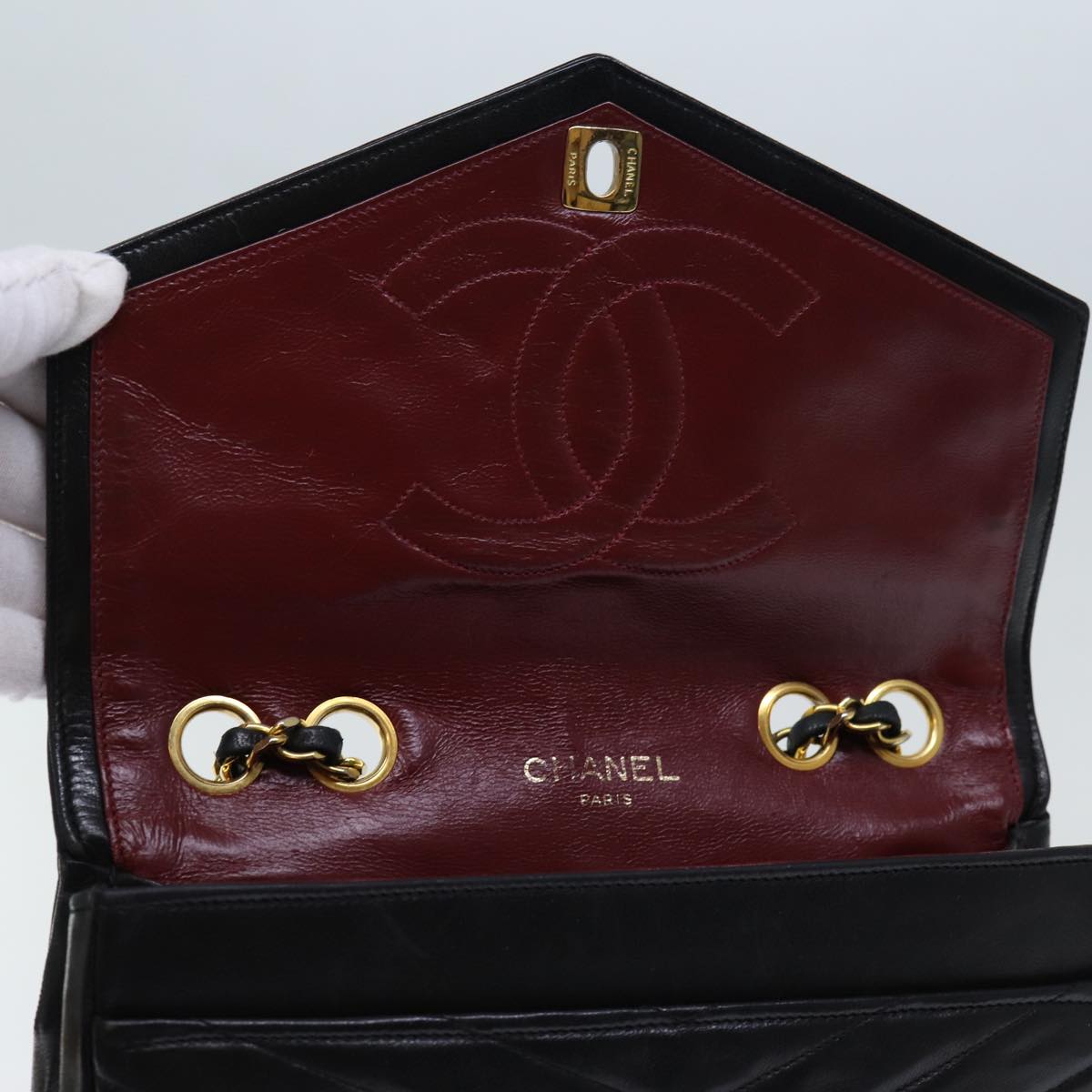 CHANEL Turn Lock Chain V Stitch Hand Bag Lamb Skin Black CC Auth yk11929A