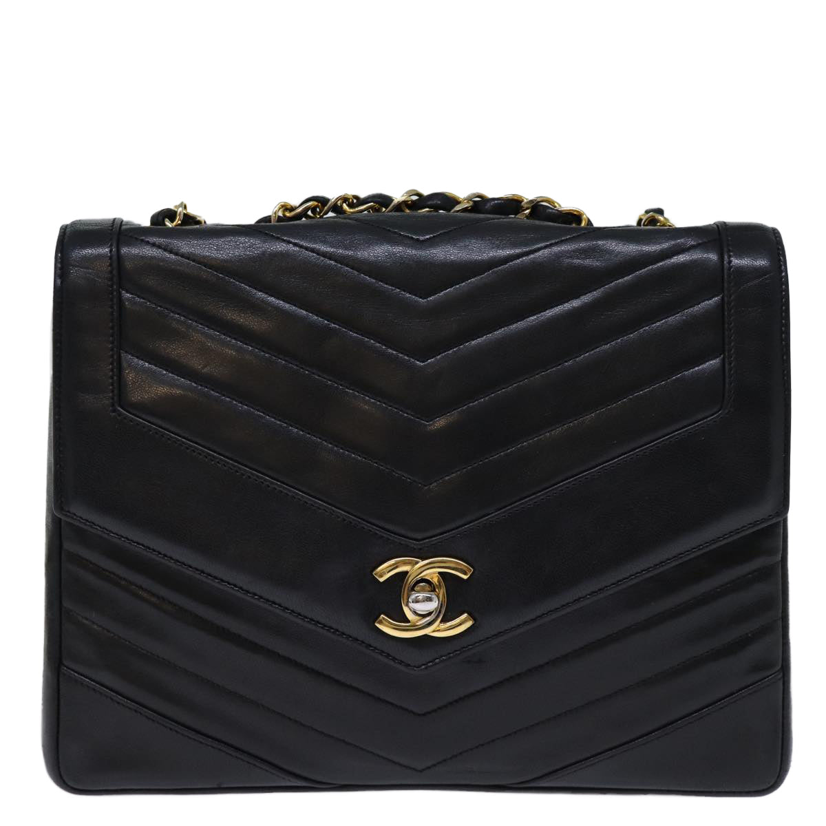 CHANEL Turn Lock Chain V Stitch Hand Bag Lamb Skin Black CC Auth yk11929A
