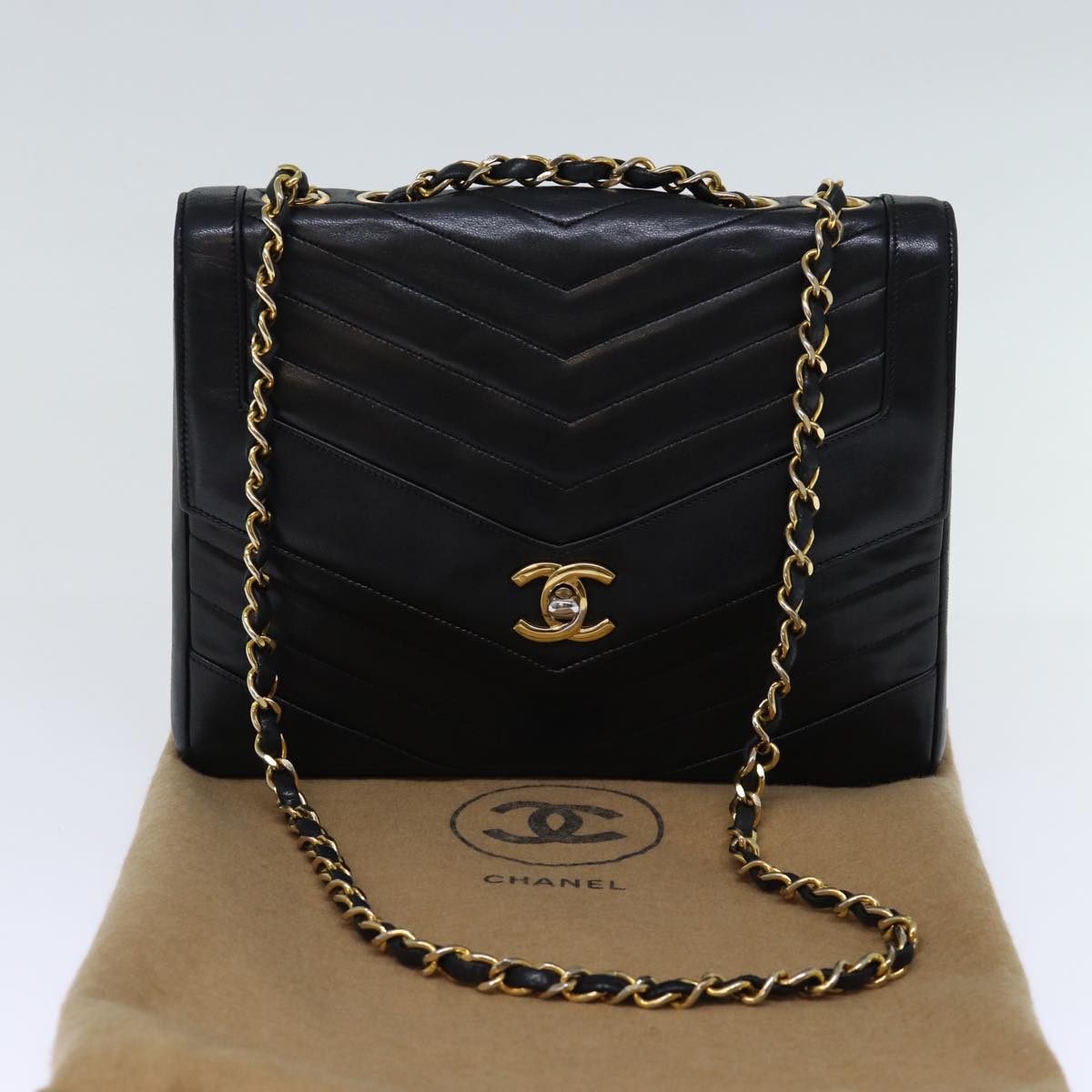 CHANEL Turn Lock Chain V Stitch Hand Bag Lamb Skin Black CC Auth yk11929A