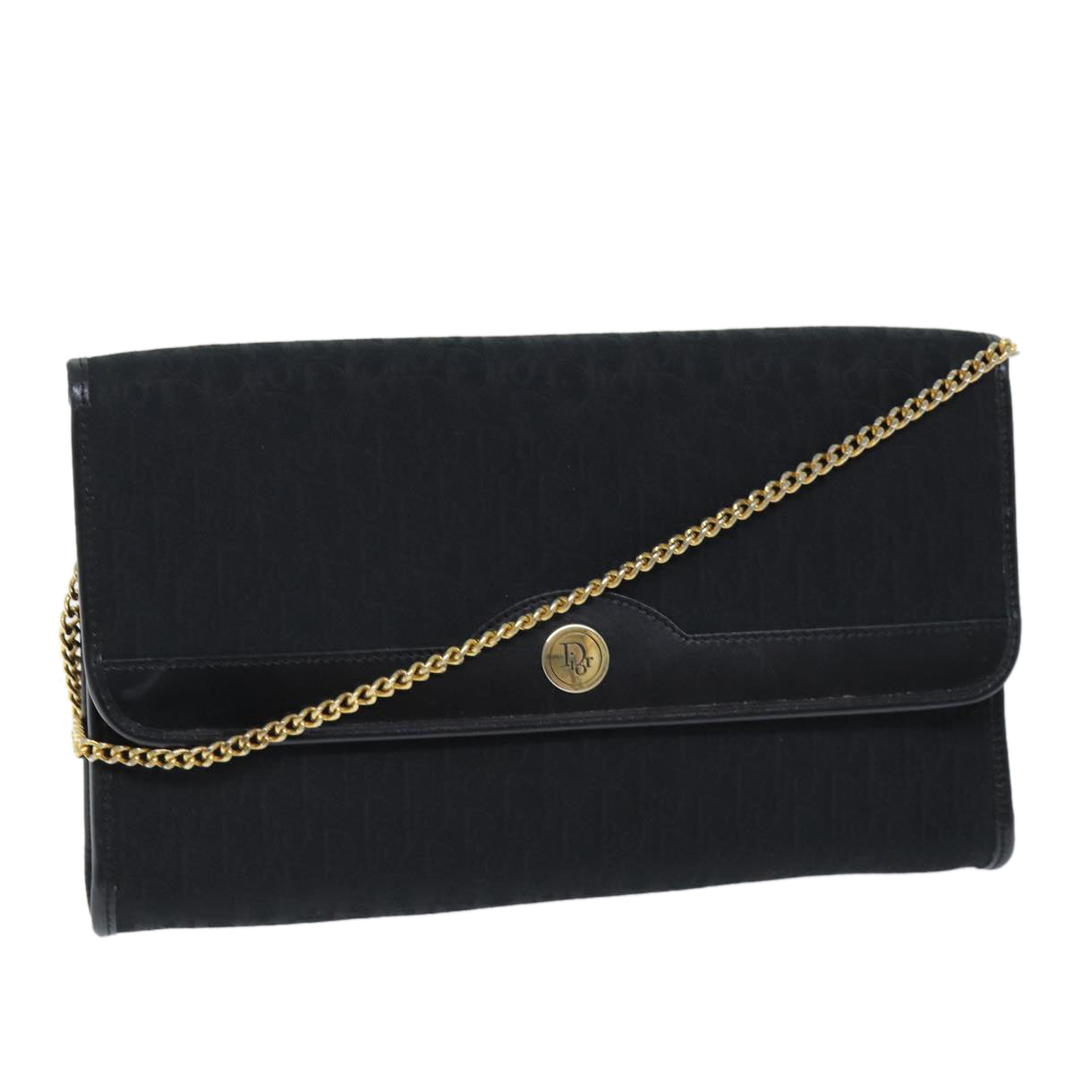 CHRISTIAN DIOR Trotter Canvas Chain Shoulder Bag Black Auth yk12202