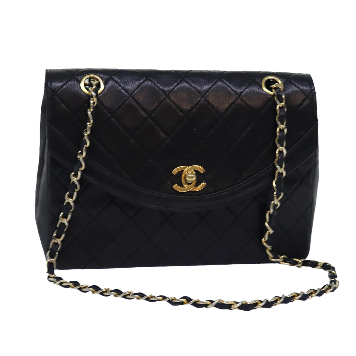Top Quality Chanel Matelasse Turn Lock Chain Shoulder Bag Lamb Skin Black CC Auth yk12901A