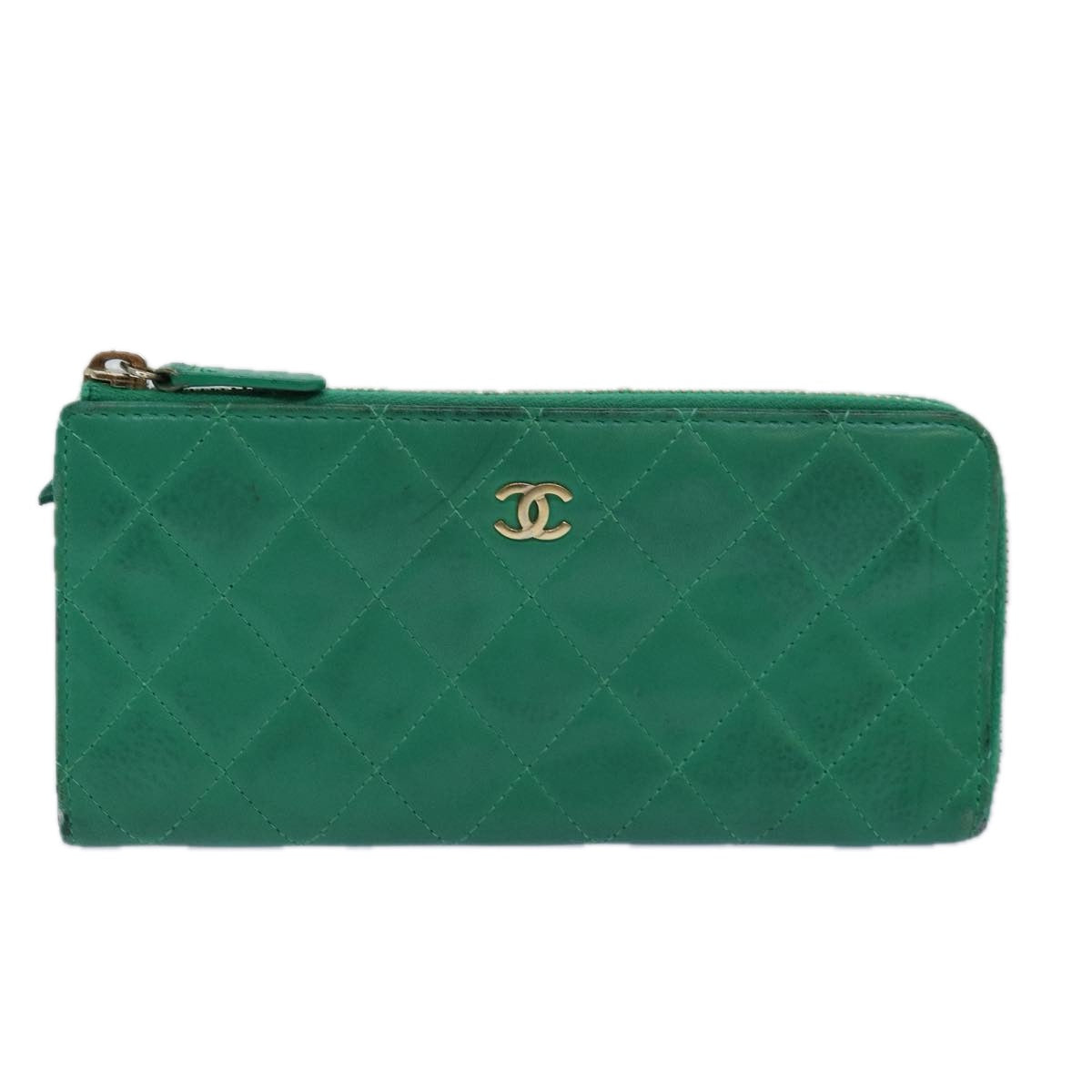 Top Quality Chanel Matelasse Long Wallet Lamb Skin Green CC Auth yk12983