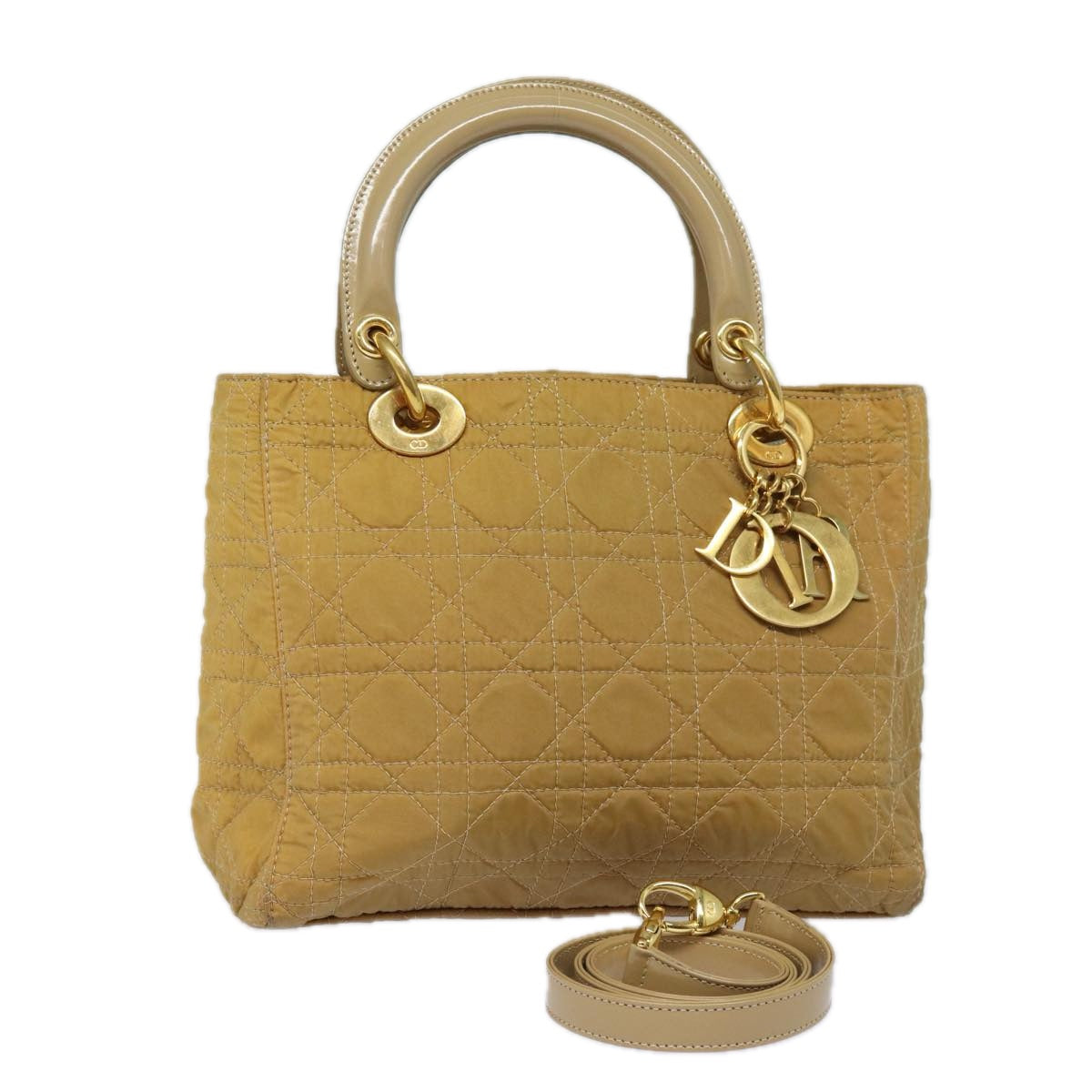CHRISTIAN DIOR Lady Dior Canage Hand Bag Nylon 2way Beige Auth yk13576