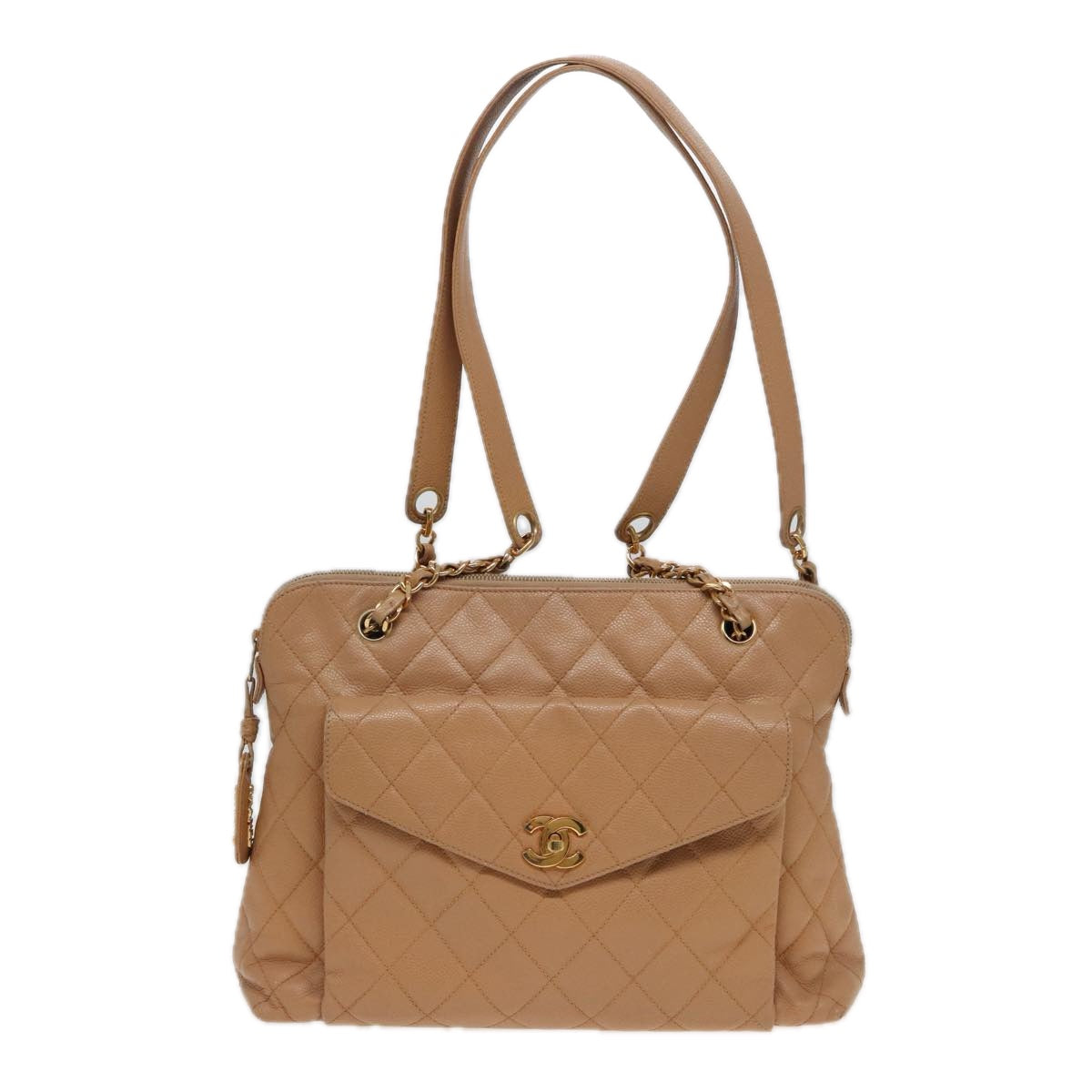 Top Quality Chanel Matelasse Shoulder Bag Caviar Skin Beige CC Auth yk13631