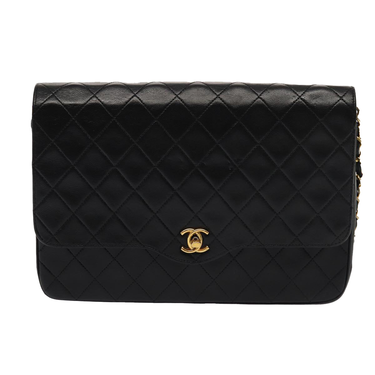 CHANEL Matelasse Turn Lock Chain Shoulder Bag Lamb Skin Black CC Auth yk13966