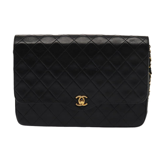 CHANEL Matelasse Turn Lock Chain Shoulder Bag Lamb Skin Black CC Auth yk13966
