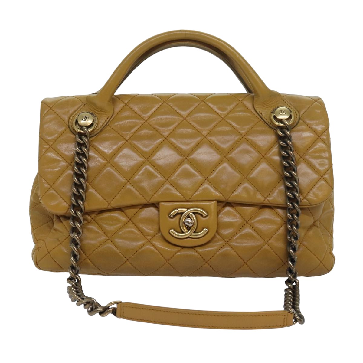 Top Quality Chanel Matelasse Turn Lock Chain Shoulder Bag Leather Yellow CC Auth yk13973A