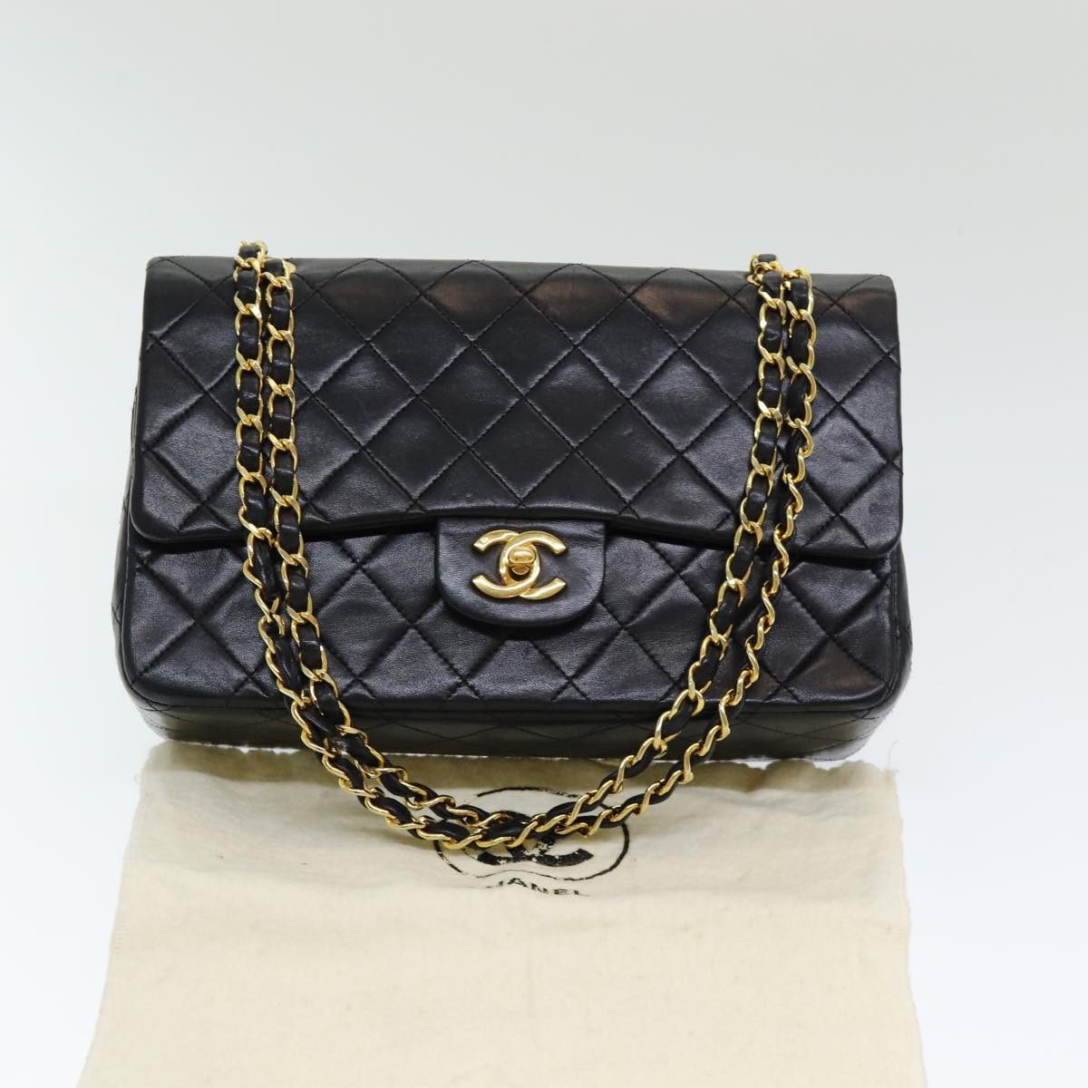 Top Quality Chanel Matelasse 25 Turn Lock Chain Hand Bag Lamb Skin Black CC Auth yk14030A