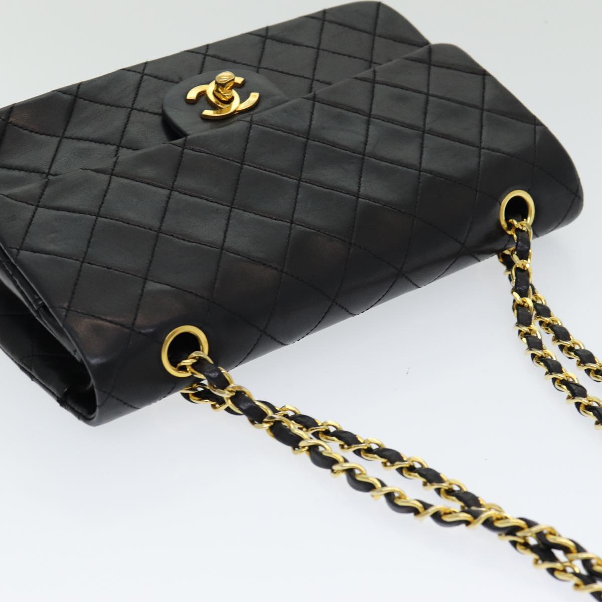 Top Quality Chanel Matelasse 25 Turn Lock Chain Hand Bag Lamb Skin Black CC Auth yk14030A