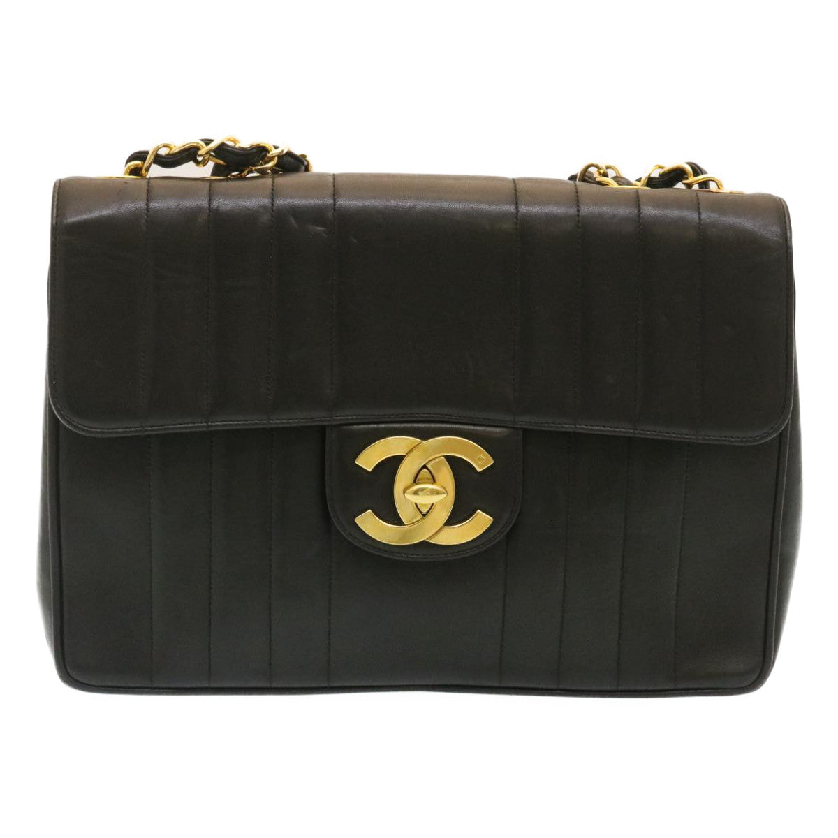 Top Quality Chanel Mademoiselle Big COCO Mark Chain ShoulderBag Lamb Skin Black Auth yk4080A