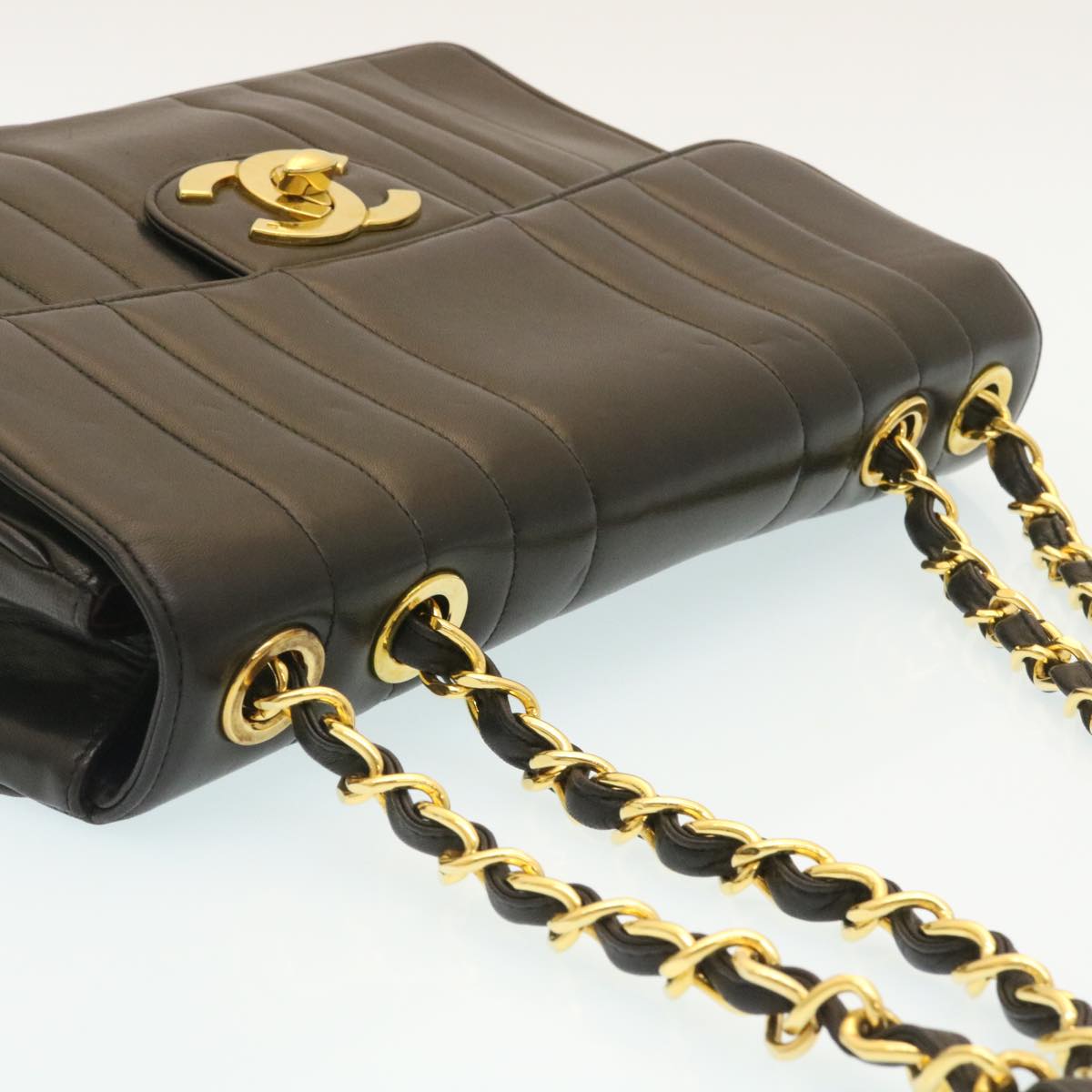Top Quality Chanel Mademoiselle Big COCO Mark Chain ShoulderBag Lamb Skin Black Auth yk4080A