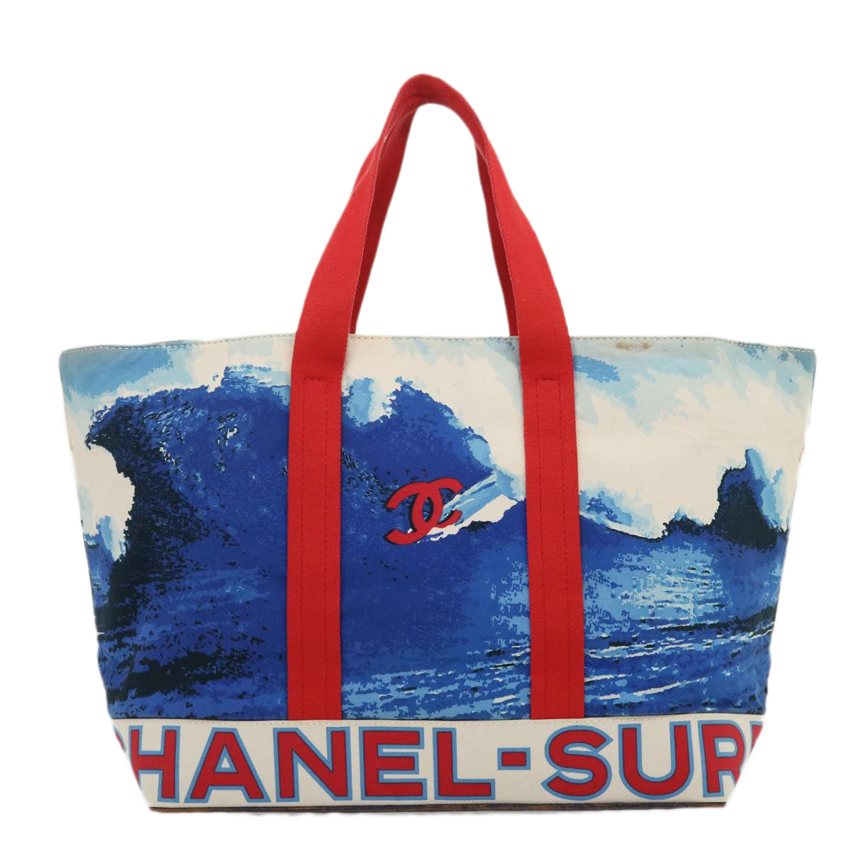 CHANEL Surf line Tote Bag Canvas Blue Red CC Auth yk4388A