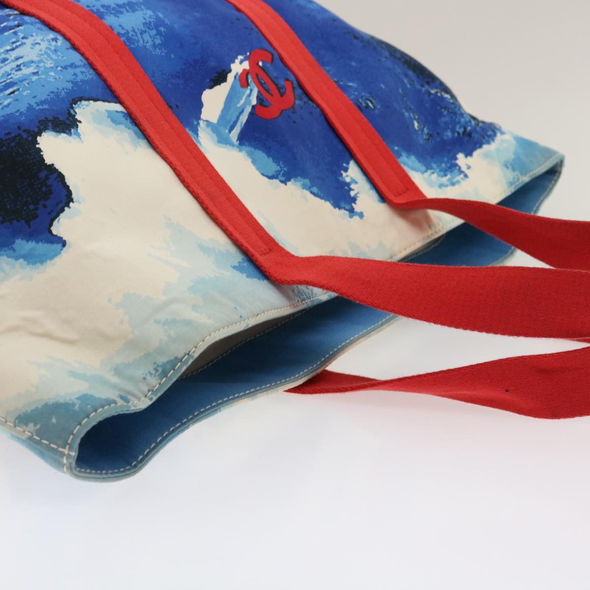 CHANEL Surf line Tote Bag Canvas Blue Red CC Auth yk4388A