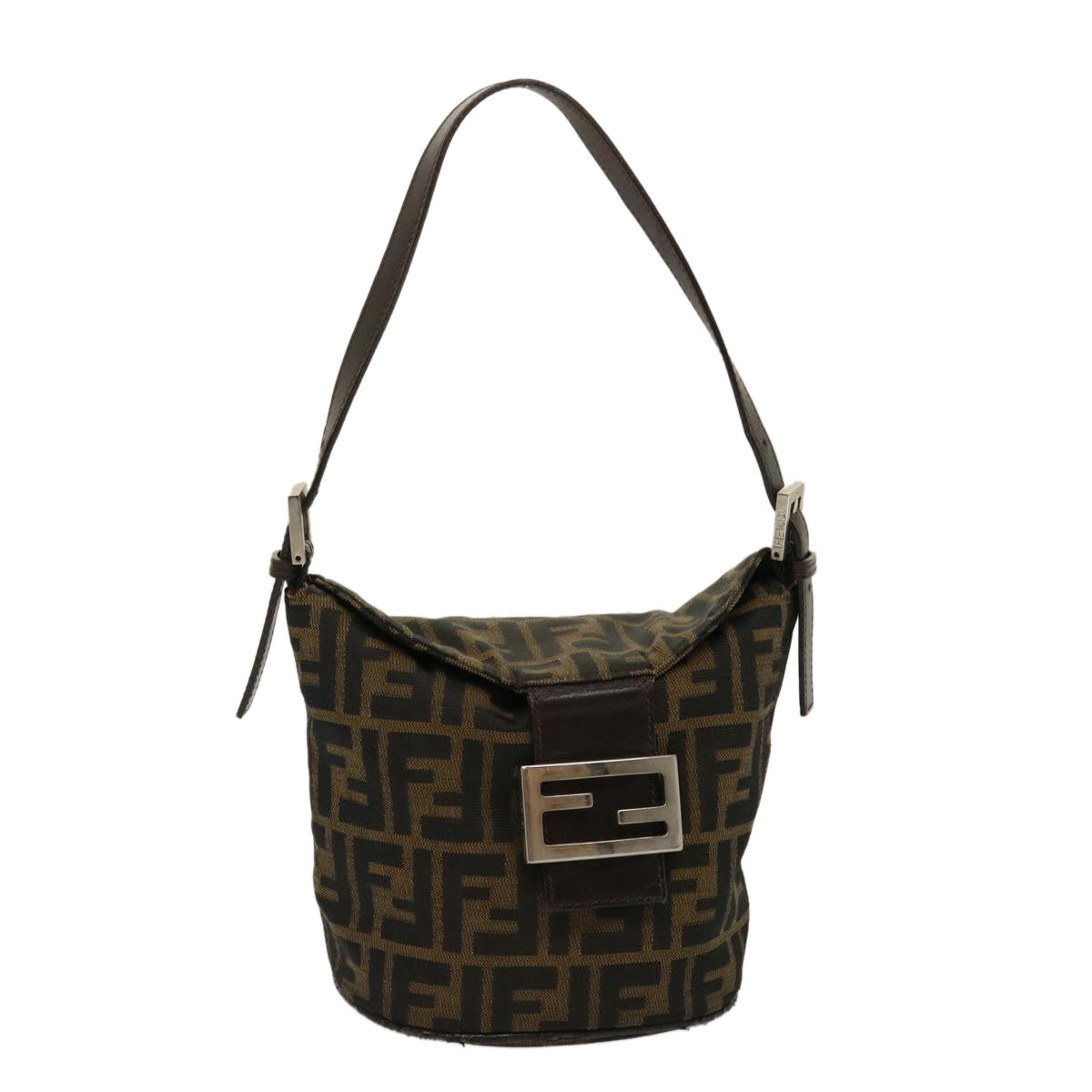 FENDI Zucca Canvas Mamma Baguette Shoulder Bag Brown Black Auth
