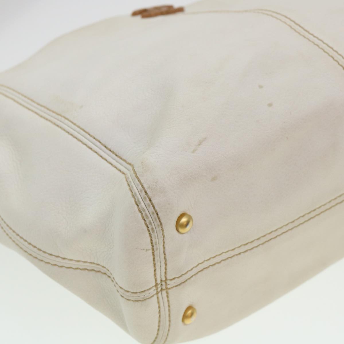 Chanel Wood Chain Tote Bag Caviar Skin White Brown CC  yk6580