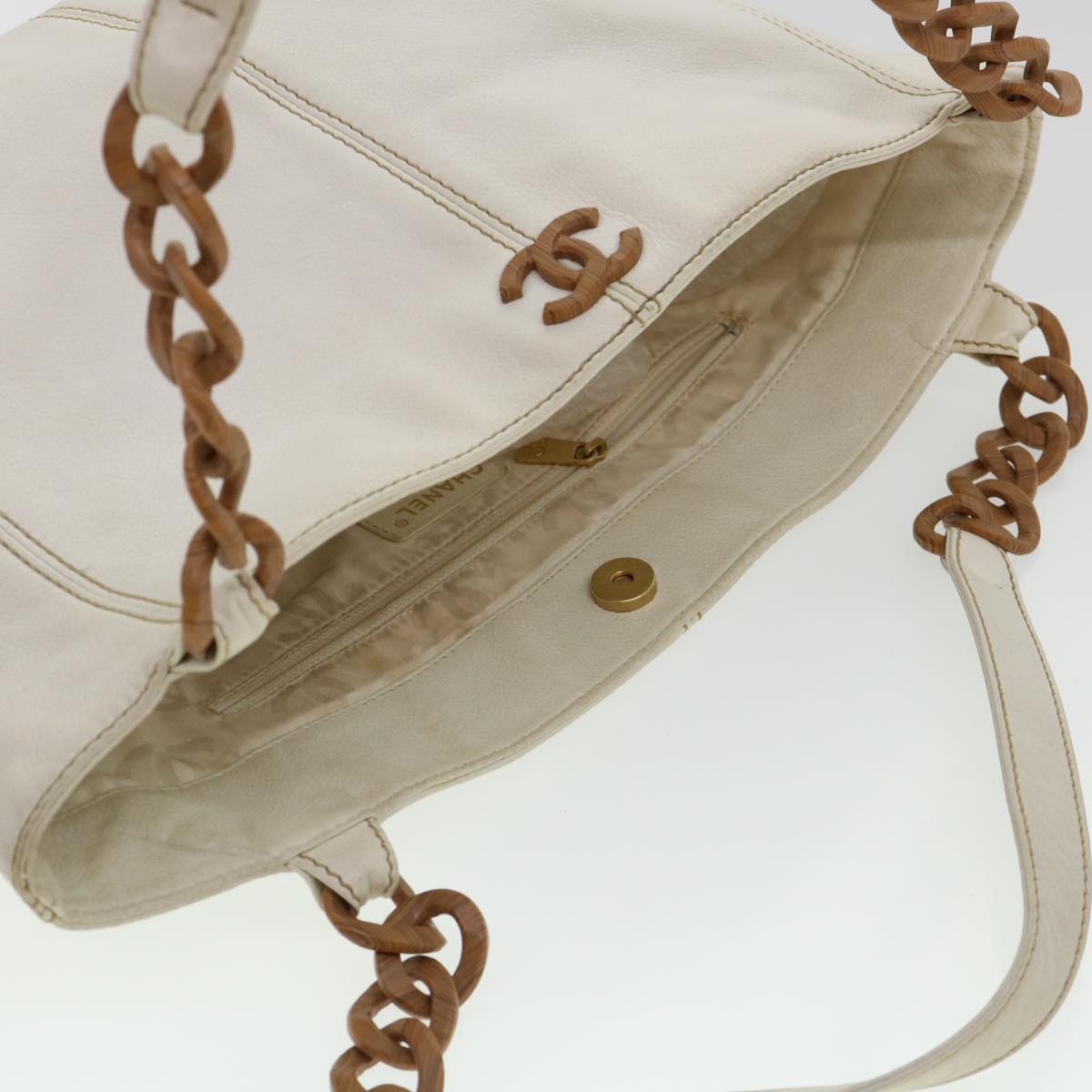 Chanel Wood Chain Tote Bag Caviar Skin White Brown CC  yk6580