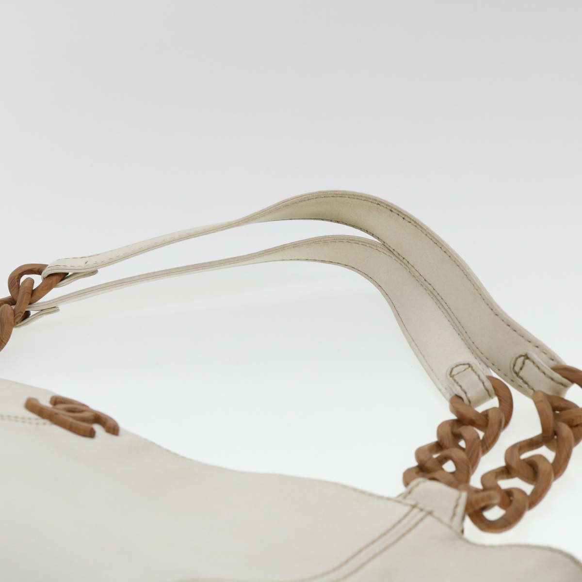 Chanel Wood Chain Tote Bag Caviar Skin White Brown CC  yk6580