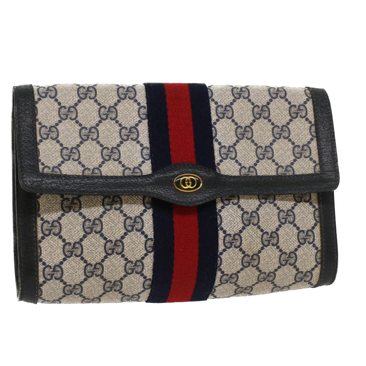 Gucci GG Canvas Sherry Line Clutch Bag PVC Leather Gray Red Navy  yk7169