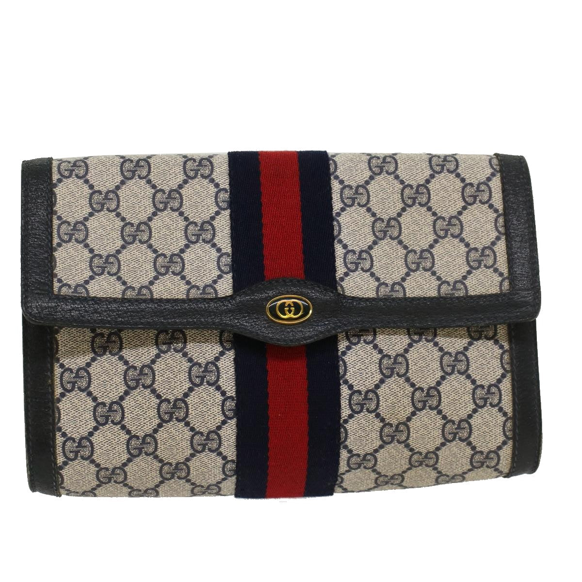 Gucci GG Canvas Sherry Line Clutch Bag PVC Leather Gray Red Navy  yk7169