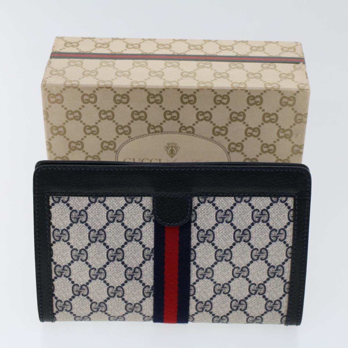 Gucci GG Canvas Sherry Line Clutch Bag PVC Leather Navy Red  yk7884