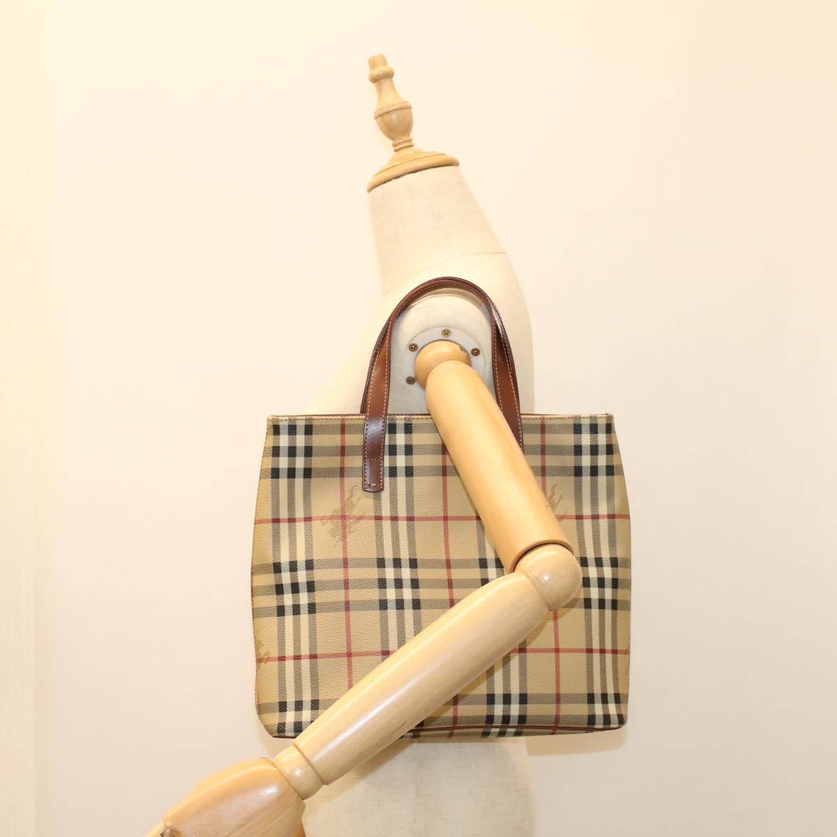 BURBERRY Nova Check Hand Bag PVC Leather Beige Auth yk8286