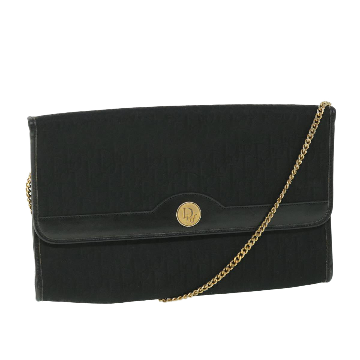 CHRISTIAN DIOR Trotter Canvas Chain Shoulder Bag Black Auth yk8835