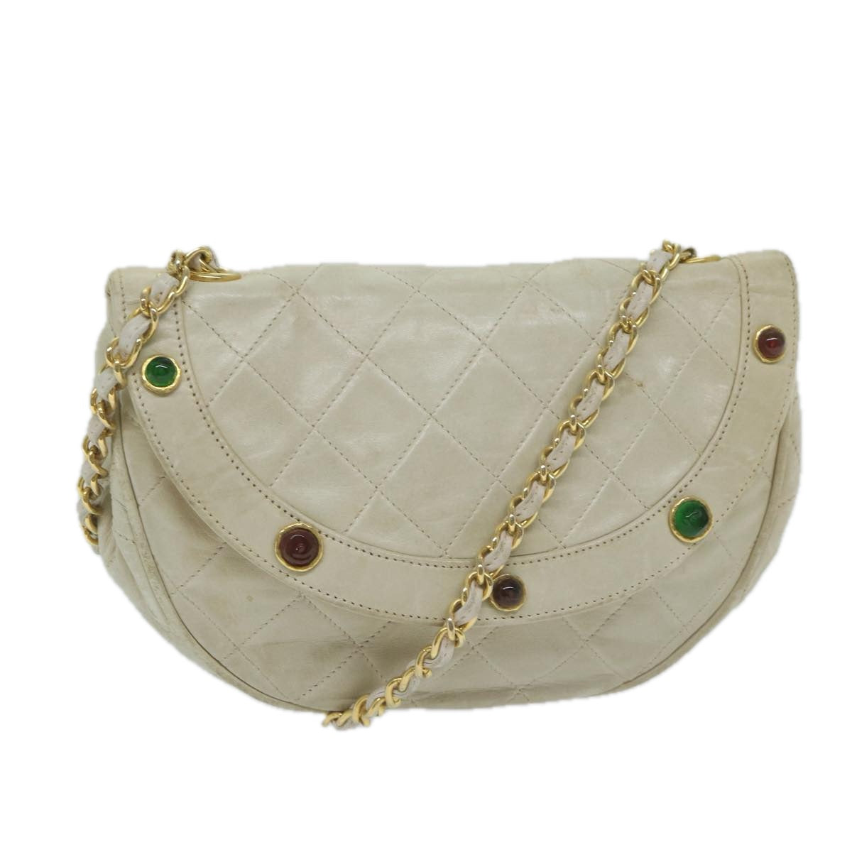 CHANEL Matelasse Shoulder Bag Lamb Skin Beige CC Auth yk9658