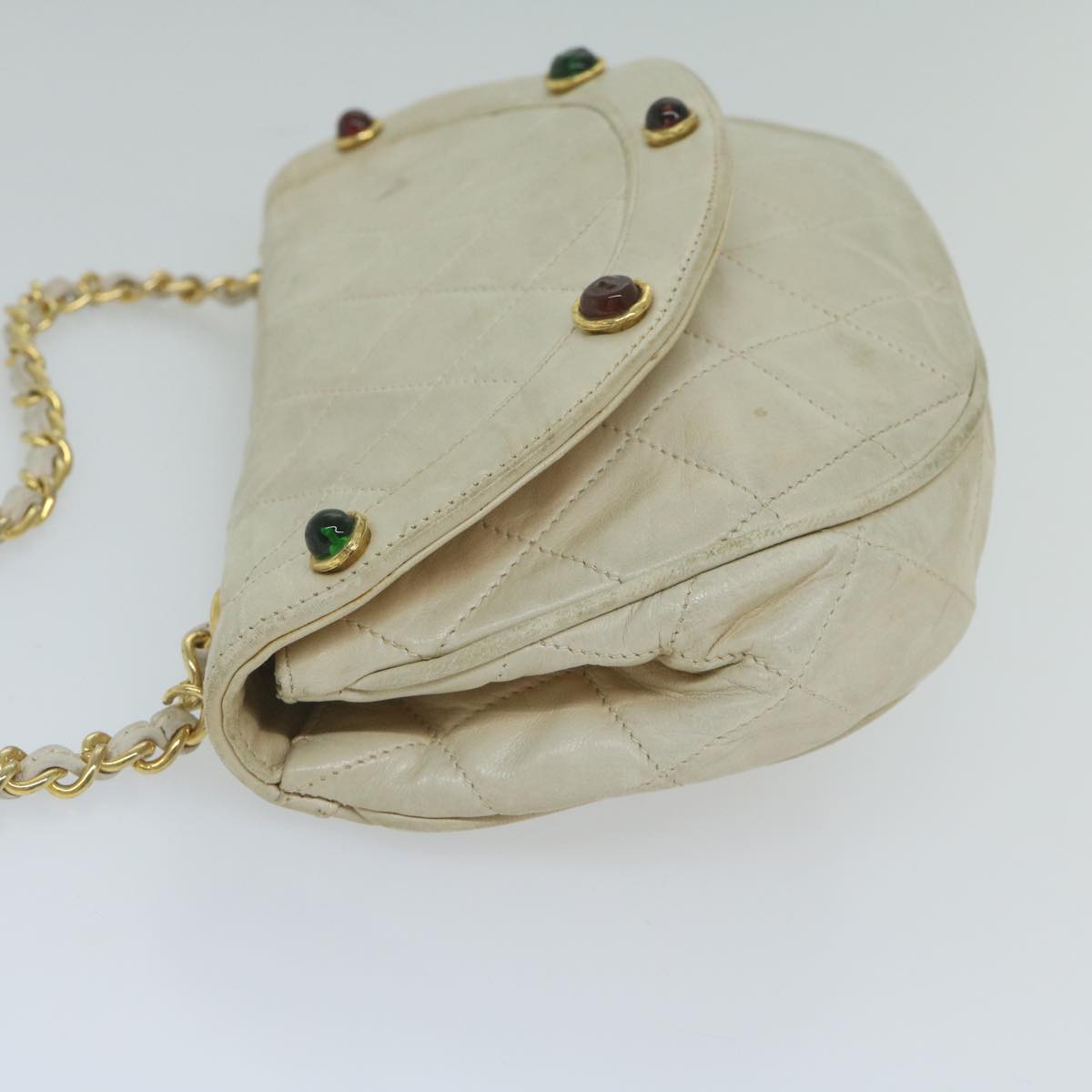 CHANEL Matelasse Shoulder Bag Lamb Skin Beige CC Auth yk9658