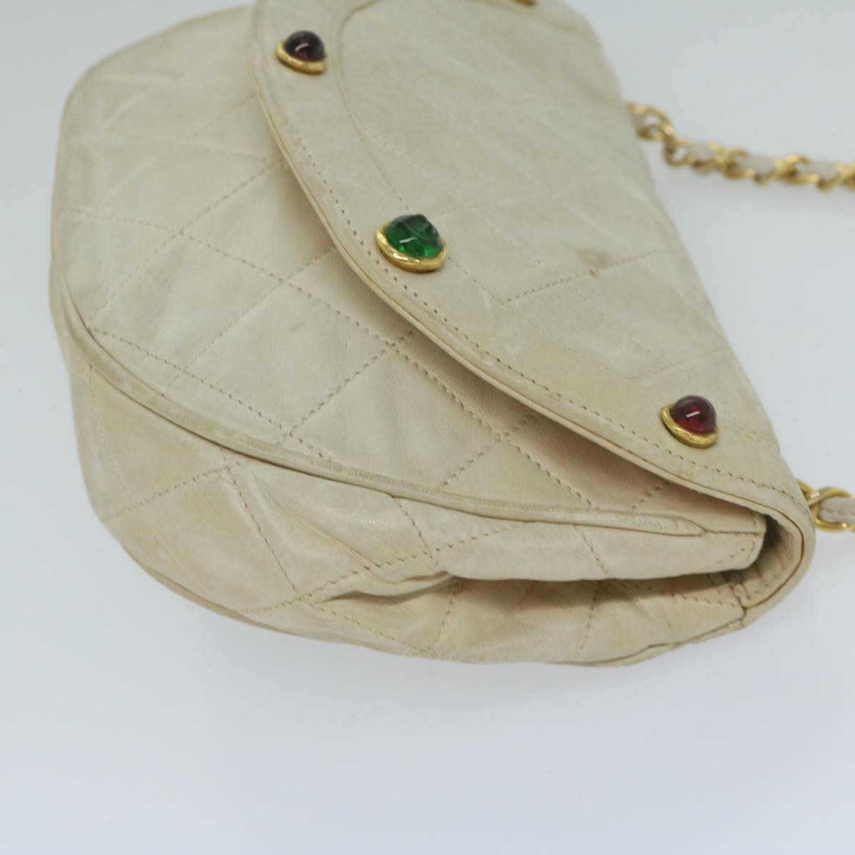 CHANEL Matelasse Shoulder Bag Lamb Skin Beige CC Auth yk9658